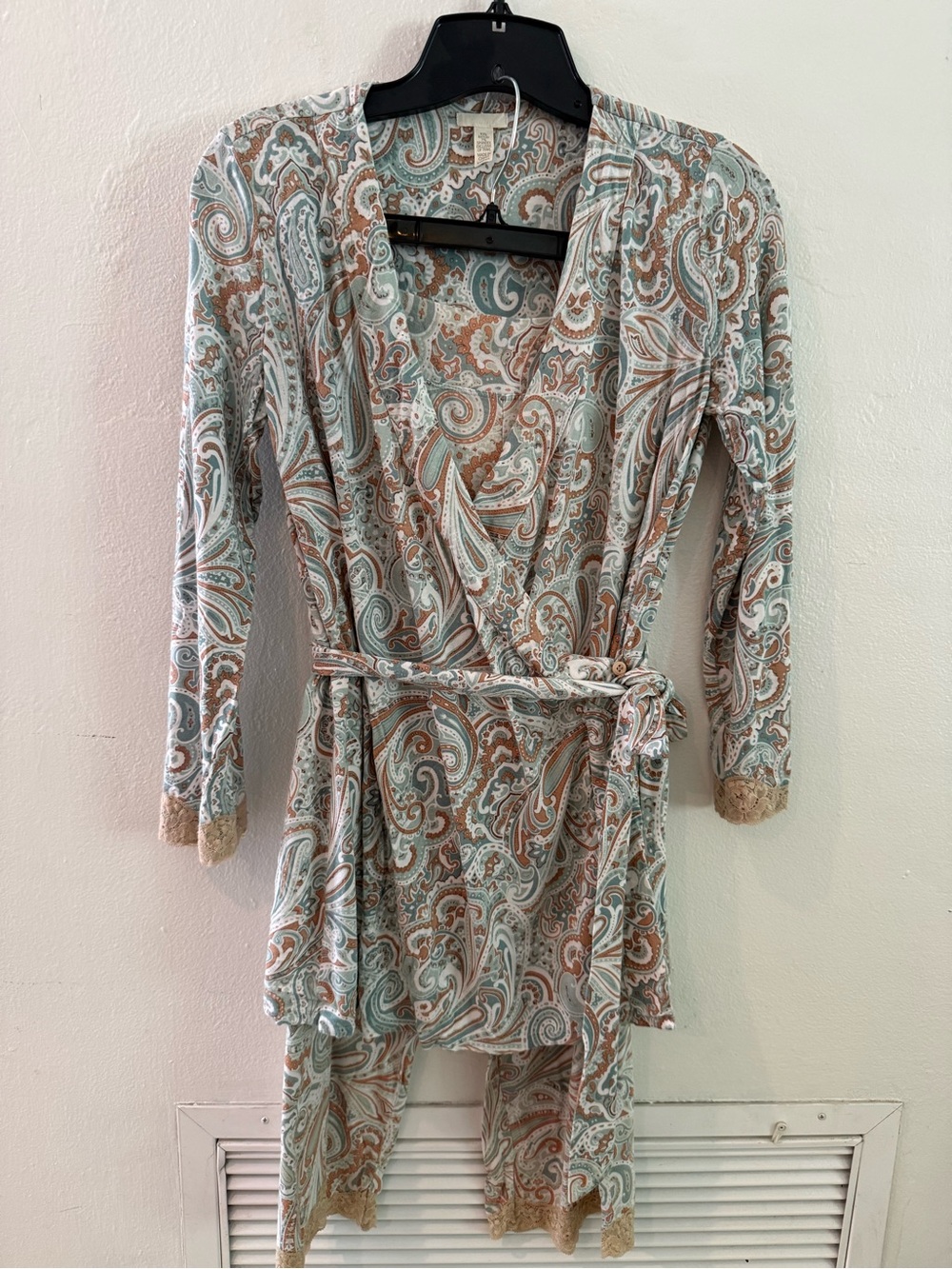 Soma Paisley Wrap Robe & Pant Set - Cream, Light Blue & Tan